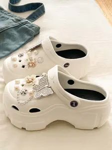 Women's Rhinestone Butterfly Platform Clogs - Pearl Floral Chain Decor, Thick Sole EVA Sandals, Breathable Beach & Daily Wear Shoes with Non-Slip Sole Slipper Footwear Flatform