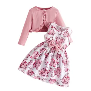 Kid Girl Outfit Ruffle Trim Long Sleeve Cardigan Flower Print Sleeveless A-line Tank Dress with Bow 2 Piece Fall Set Frill Trim Bow