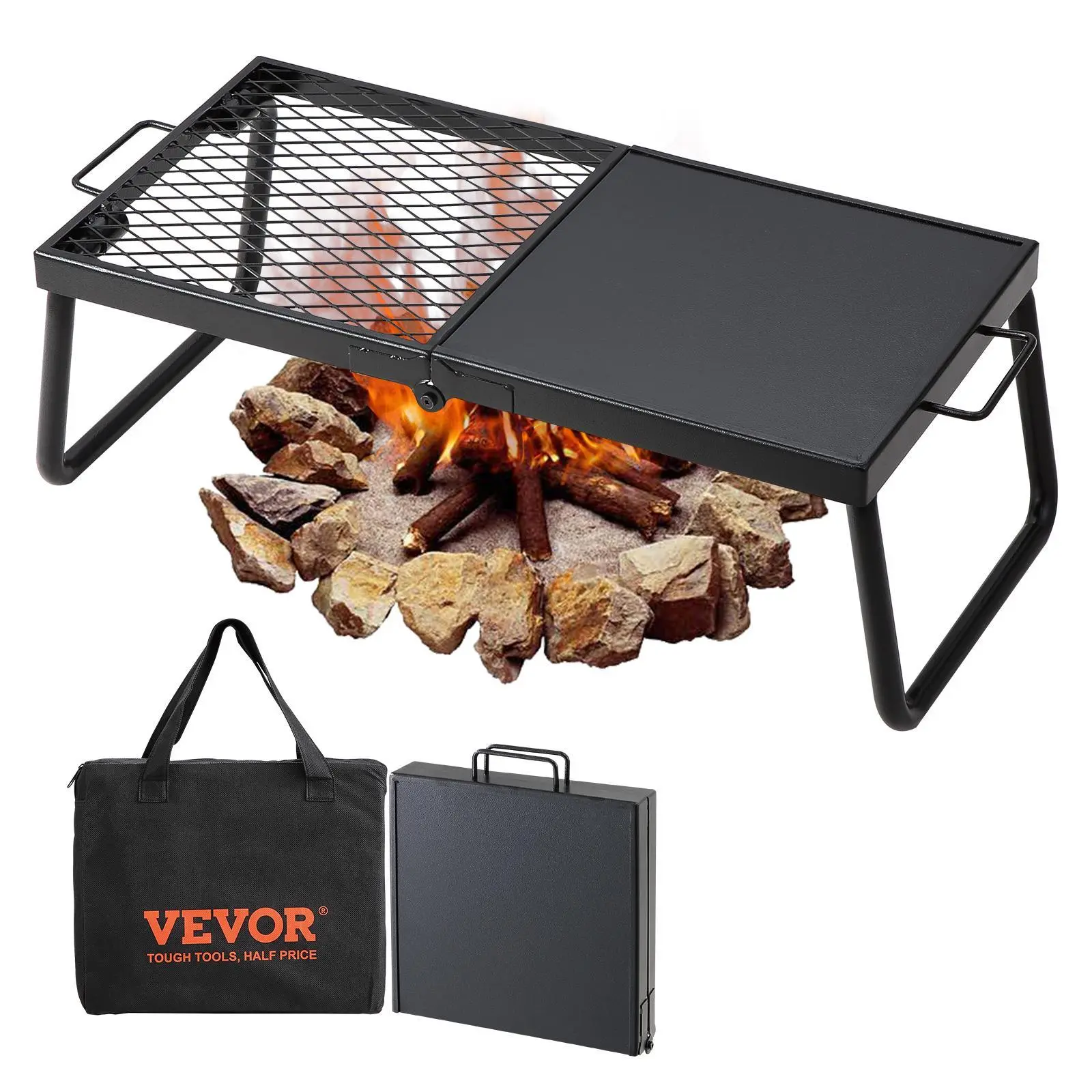 VEVOR Campfire Grill, 22.4 Inch Heavy-Duty Steel Folding Grate with Half Griddle & Diamond Mesh, Portable with Storage Bag for Camping & Picnic, Diamond Mesh Grill