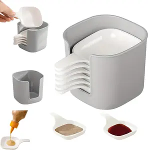6Pcs Plastic Dipping Dish with Storage Box, Dipping Sauce Plate and Holder Set, Including 6 Counts Seasoning Dish, Mini Dipping Bowls with Handle Box for, Parties with Storage Picnics(White)