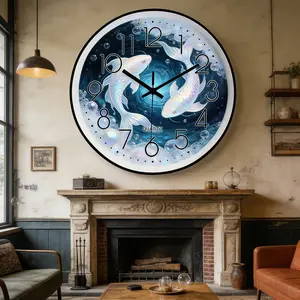 Silent Fish Koi Wall Clock for Living Room Bedroom, New Neo-Confucian Good Luck Design, Home Quartz Clock, Decorative Timepiece