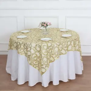 Sequin Tulle Table Overlay 72"x72" Gold Leaf Embroidered Design Perfect for Weddings and Upscale Events