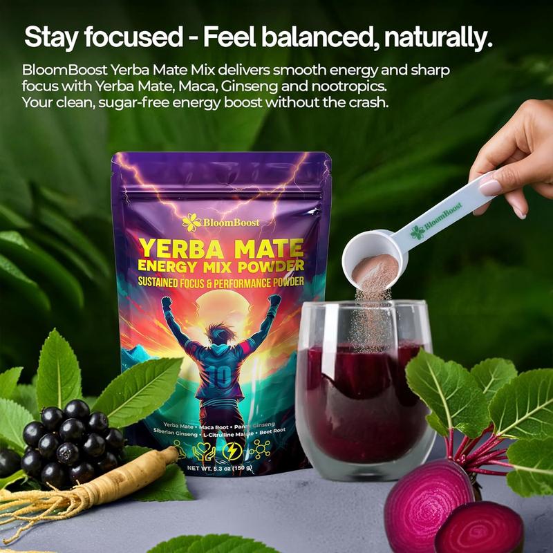 Yerba Mate Energy Drink Mix Powder with Maca, Ginseng, Beet Root, Electrolytes & B12 – Sugar-Free, Vegan, 5.3 oz (15 Servings)