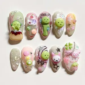 T133 Lynn Cosmic Kawaii Press-On Nails, 3D Green & Pink Cat Charms, Iridescent Pearls, Stars & Galaxy Candy, Long Fantasy Tips, Handmade Set, Gift for Her