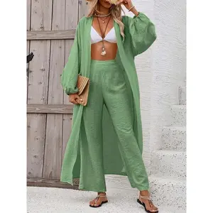 Women's Longline Wrap Cardigan & Wide Leg Pants Set, Casual Fall Winter, Elegant European Style, Comfortable Knitwear