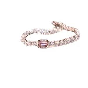 Stainless Steel PVD Coated Bracelet with Pink Stone and Diamond Accents