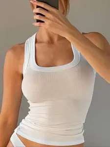 White Ribbed Tank Top for Women Square Neck Sleeveless Fitted Stretch Knit Cami Basic Solid Color Casual Sleeveless Crop Slim Fit Shirt Soft Elastic Ribbed Fabric Summer Essential Tops for Layering Streetwear Minimalist Y2K Aesthetic Outfit