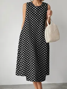 ZANZEA Women's Polka Dot Dress, Round Neck Sleeveless Loose Fit, Pocket Design, Womenswear, Casual Everyday Daily Wear, Perfect for Travel and Outings