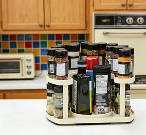 Two-Tiered Spice Organizer & Holder That Saves Space, Keeps Everything Neat, Organized & Within Reach With Dual Spin Turntables,Cabinet Fitting Adjustable