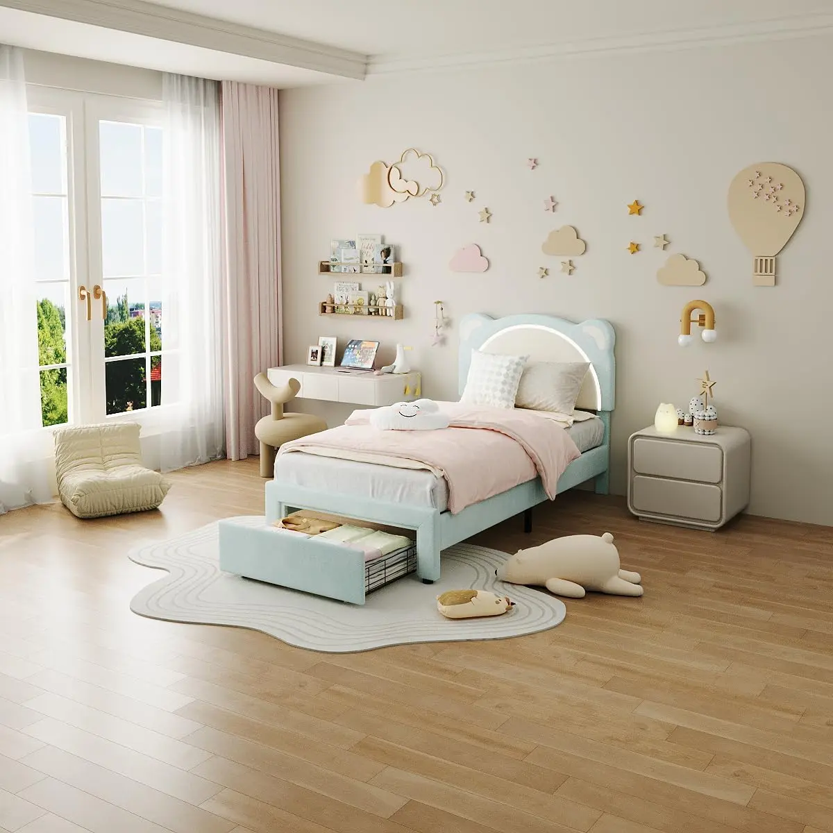 GAOMON Kids Single Twin Princess Bed - Girls' Upholstered Platform Bed Frame with Adjustable Headboard, Drawer, LED Light, Wooden Slats, Durable Metal Frame, High-Density Foam Support, No Box Spring Needed