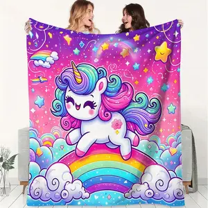 Cute Unicorn Rainbow Flannel Blanket, Whimsical Throw Blanket for Home Decor, Cozy Warm Blanket for Camping, Travel and Office, Perfect Gift for Kids and Unicorn Lovers, Soft and Colorful