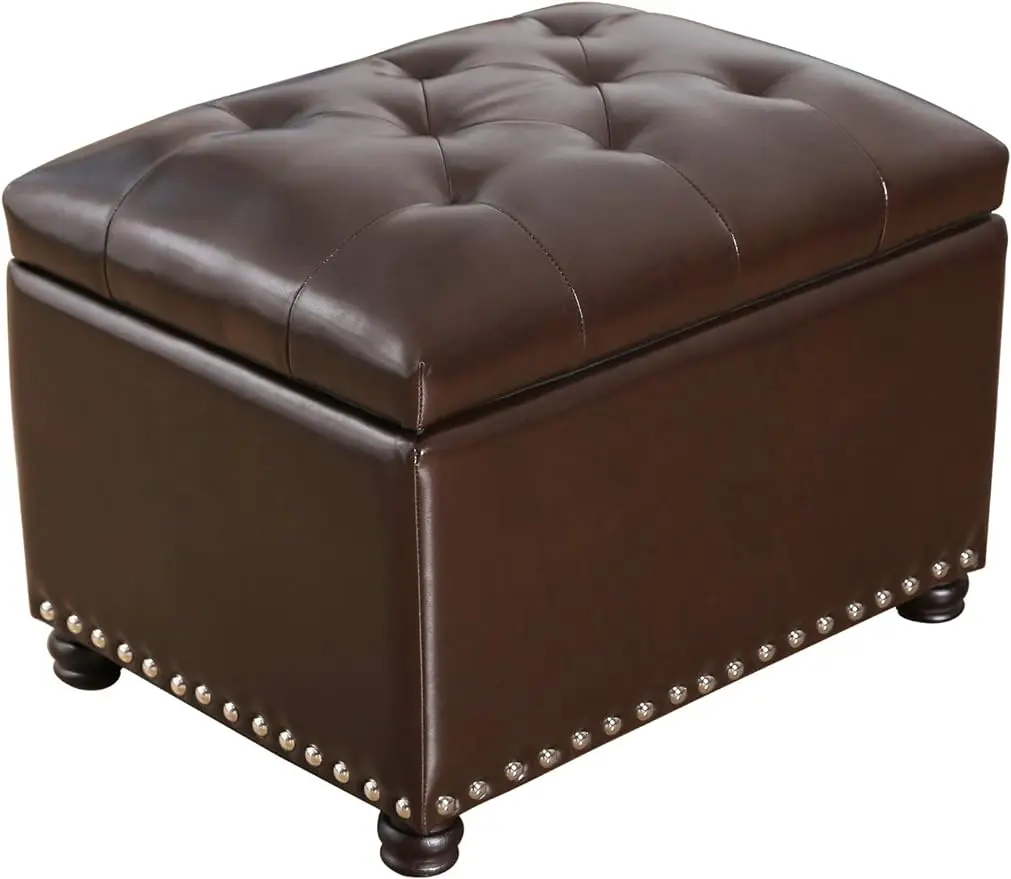 Adeco Bonded Leather Square Tufted Storage Footstool, 18" ottoman, Dark Brown