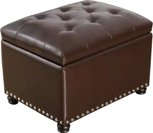 Adeco Bonded Leather Square Tufted Storage Footstool, 18" ottoman, Dark Brown
