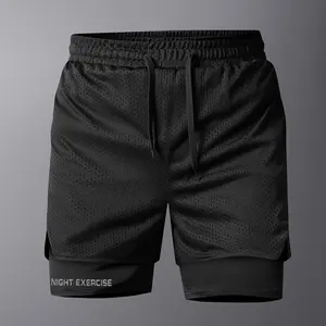 Men’s casual athletic shorts with an elastic waistband and breathable mesh fabric, featuring a stylish reflective letter print—ideal summer fitness shorts for running, soccer, and outdoor activities.