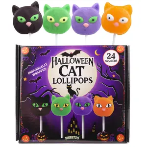 Halloween Cat Lollipops, Assorted Fruit Flavored Suckers, Individually Wrapped Trick or Treat Candies, 24 Count
