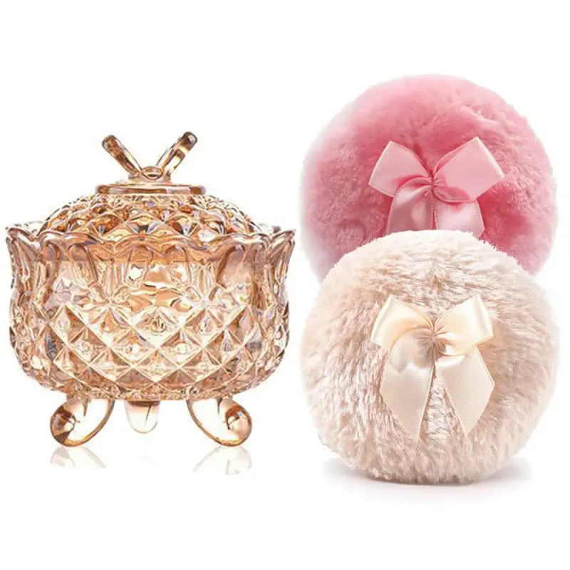 Luxury 4 Inch Glass Powder Container with 2 Soft 3.5" Puffs |   Non-Sealed Refillable puff Jar |     Loose Powder Storage(Butterfly-Amberl)