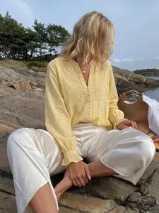 Women's 2026 Fashion Casual Solid Color Embroidered Short Shirt Blouse, V Neck Button Long Sleeve Loose Fit Top, Elegant Vacation Style