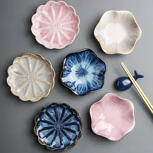 Japanese Style Ceramic Dipping Plate, 4 Counts/set Creative Flower Pattern Sauce Dish, Kitchenware for Home Restaurant Dormitory