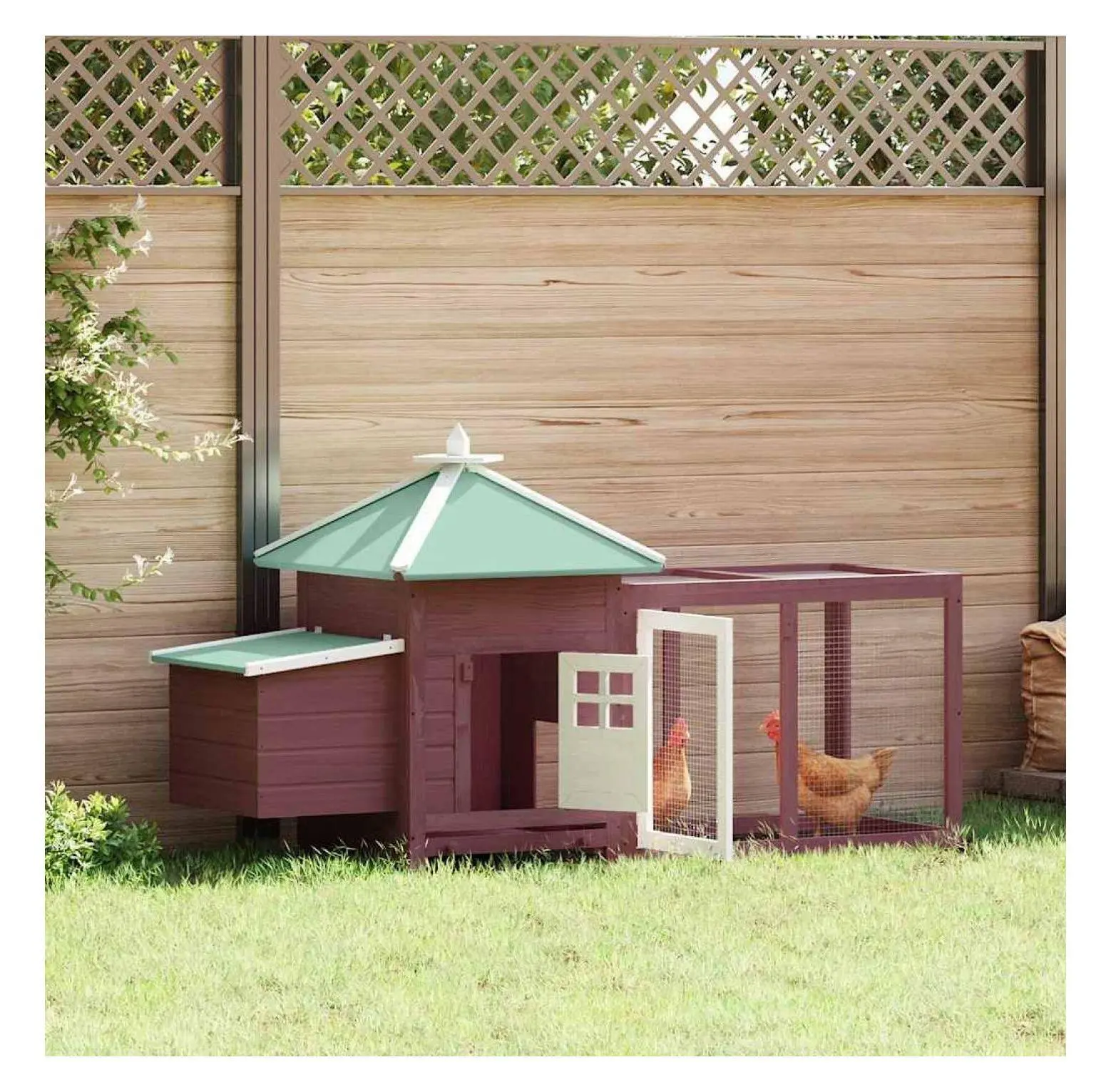 Large Solid Mocha Fir Wood Chicken Coop - Backyard Poultry House with Nest Box & Run Area, Brown, Protection