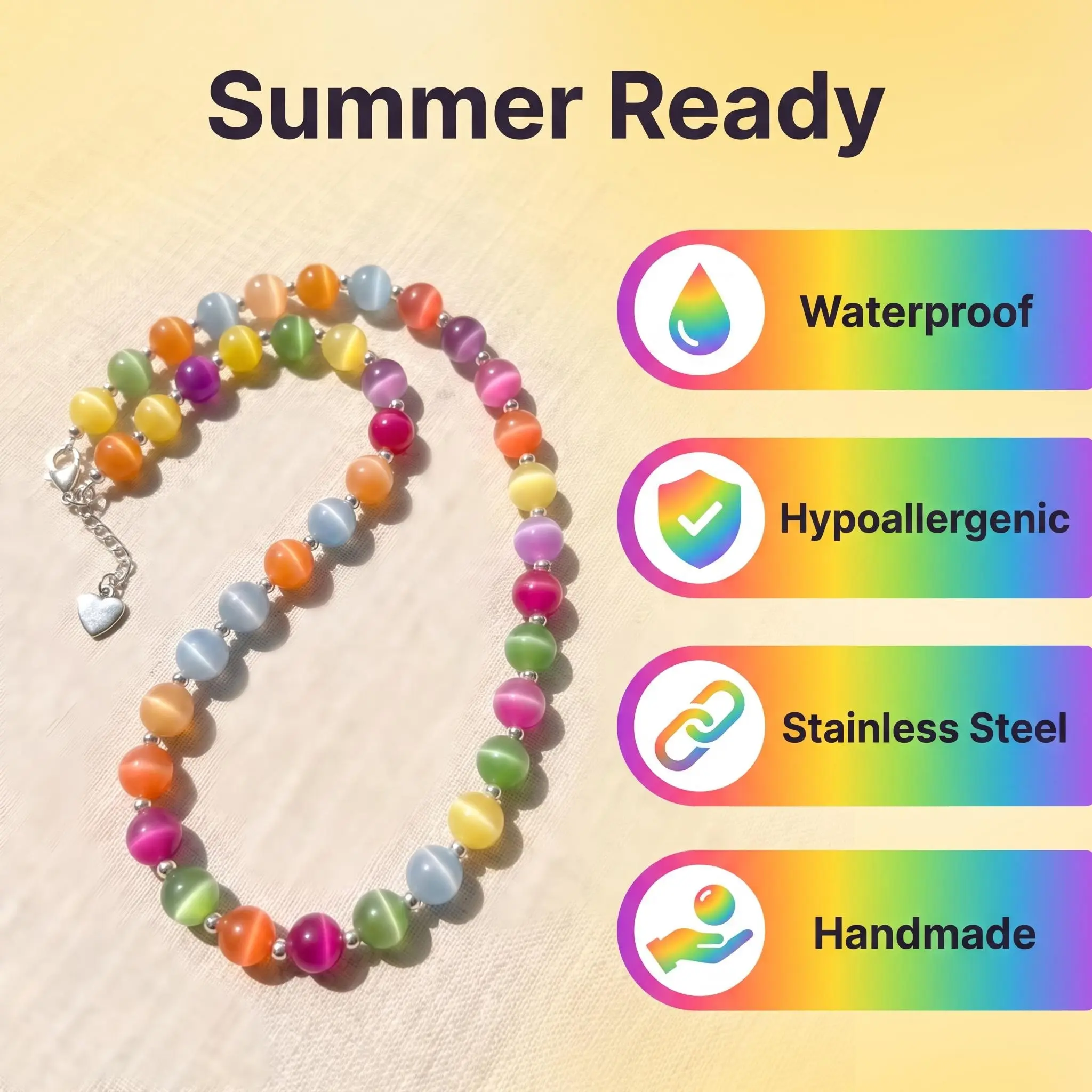 Women's 2-Piece Beaded Choker Necklace & Bracelet Set - UV Reactive Color-Changing Rainbow Beads, Stainless Steel, Waterproof, Adjustable Dopamine Style Jewelry for Summer Beach Vacation, Daily Use Gift