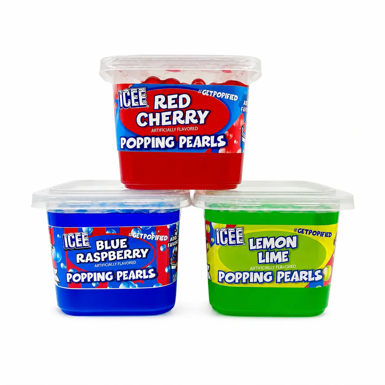 ICEE Popping Boba 3-Tubs Pack – ICEE Inspired Flavors | Red Cherry, Blue Raspberry & Lemon Lime | Fruit Popping Boba Pearls for Drinks, Slushies & Desserts | Bubble Tea Topping | Includes Boba Straws