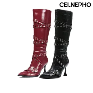 CELNEPHO Fashion Boots for Women Pointed Toe Metal Studded Knee High Booties Stiletto Heel Side Zipper Closure Party Wear Music Events Clubbing Cosplay Dress Shoes