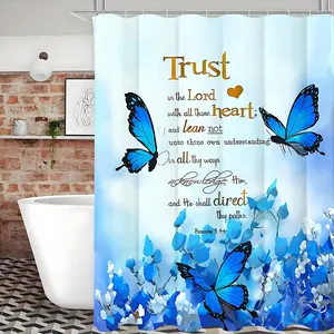 1pc Vibrant Blue Butterflies & Flowers Patterned Polyester Shower Curtain - Waterproof, Woven, and Knit for Durability - Includes 12 Hooks for Easy Installation, Animal-Themed Bathroom Decor home dormitory hotel decor rustic decoration Set Layer gift