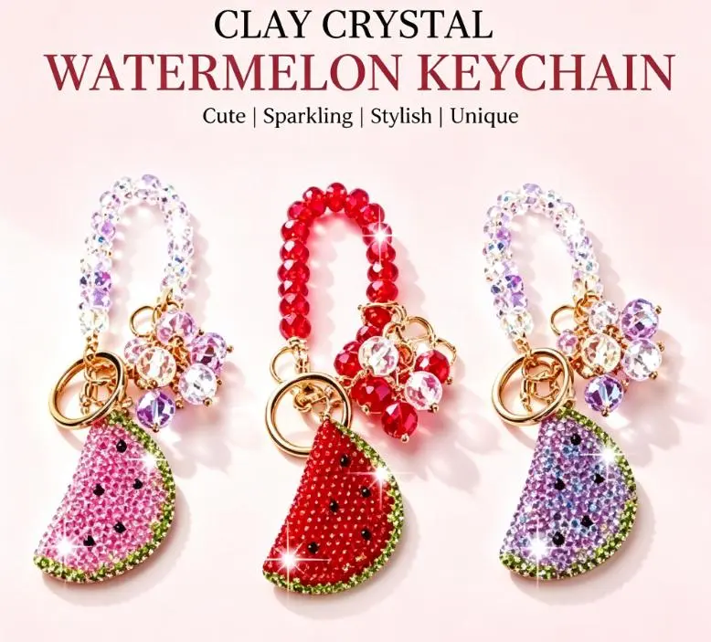 Clay Crystal Rhinestone Watermelon Fruit Keychain, Cute 3D Fruit Car Key Chain, Trendy Personalized Bag Charm Pendant Fashion Accessories Gift for Women Girls
