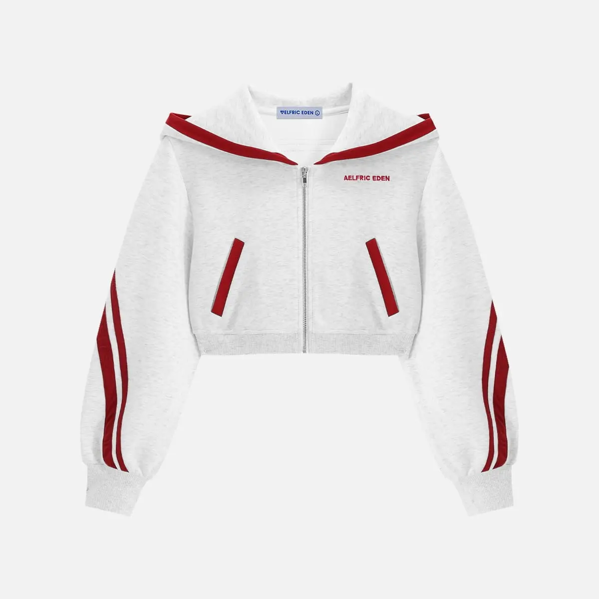 Aelfric Eden Unisex Ribbed Striped Boxy Cropped Zip-Up Hoodie, Sailor Collar, Contrast Stripe Sleeves, Stretch Knit Fabric, Everyday Fit Daily Casual Streetwear Top,summerwins,father'sdaygifts
