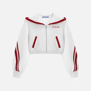 Aelfric Eden Contrast Stripe Zip Up Hoodie Cropped Silhouette Sailor Collar Accent Stripe Sleeve Detail Stretch Knit Fabric Daily Casual Streetwear Unisex Top