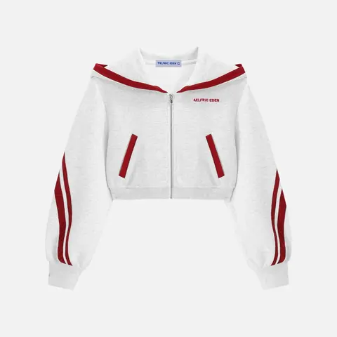 Aelfric Eden Unisex Fit Ribbed Striped Boxy Cropped Zip-Up Hoodie - Sailor Collar, Contrast Stripe Sleeves, Stretch Knit Fabric (60% Cotton 40% Polyester), Ribbed Cuffs & Hem, Everyday Casual Streetwear Top (Father's Day Gifts)