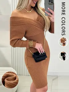 Women's Elegant Knit Dress, V Neck Sweater Dress, Lapel & Waist Design, French Style, Single Wear or Layering, Fall Winter Fashion