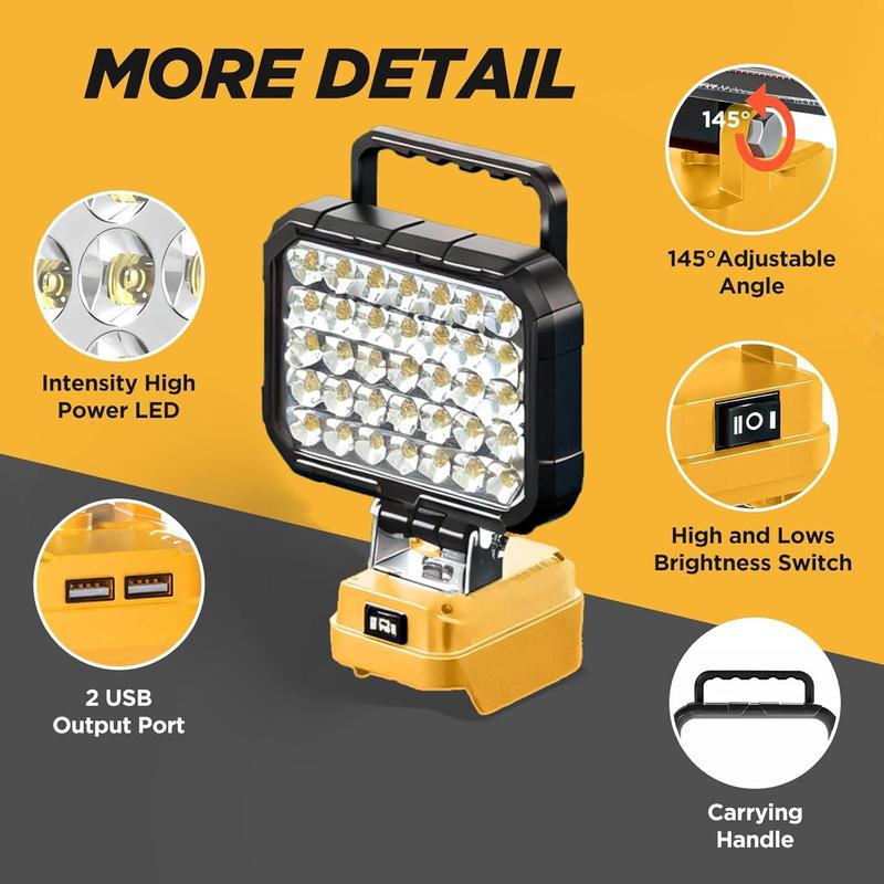 9000 Lumen 35 LED Work Light Compatible with Dewalt 20V Max Battery 78W Cordless Jobsite Flood Light Dual USB-A Charging Ports Bright Portable Outdoor Flashlight Battery Not Included