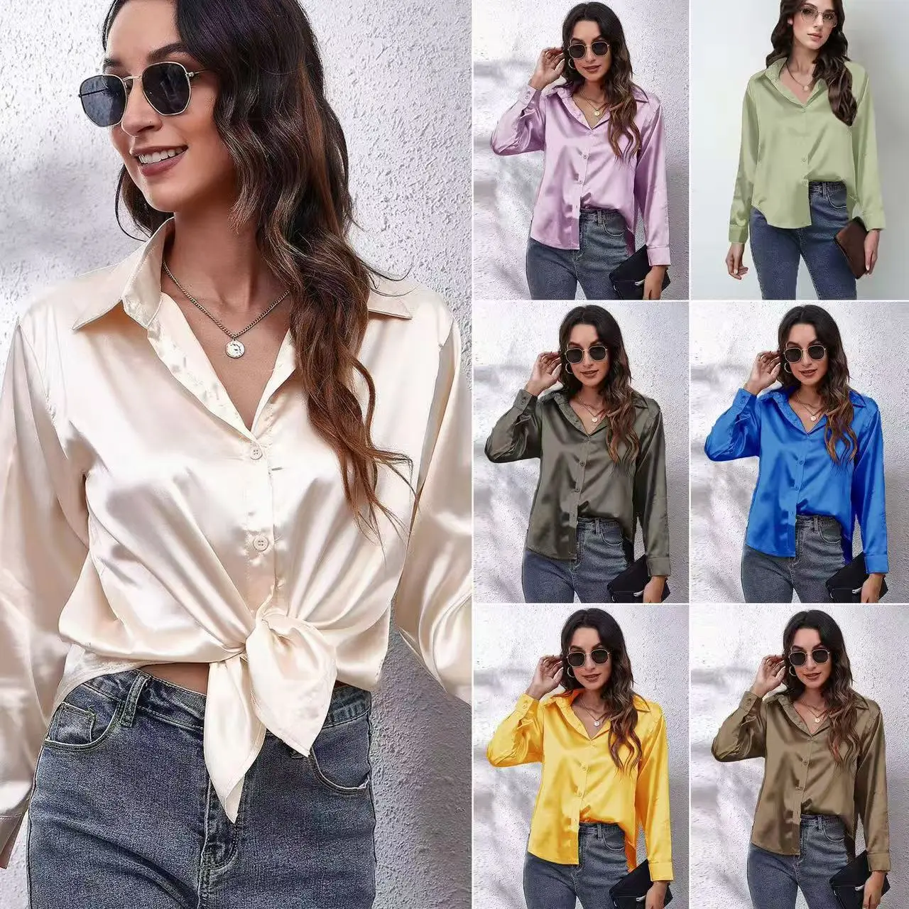 Women's Elegant Satin Blouse, Basic Baggy Plain Long-Sleeve Button-Down Top for Office and Casual Wear, Chic, Sports & Outdoor, Office Wear, Machine Wash, Business