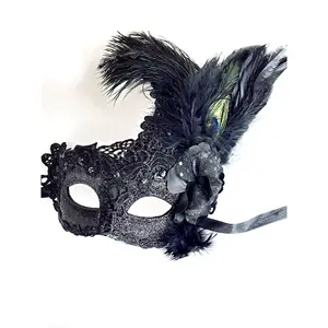 Brocade Feather Mask - Black