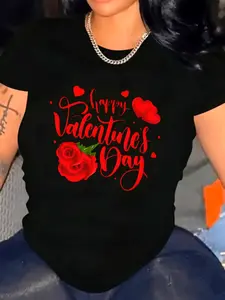 Women'S Valentine'S Day T-Shirt - Happy Valentine'S Day Red Rose Pattern - Soft Round Neck Casual Daily And Valentine'S Day Outfit - Friendly Clothing, Romantic Clothing, Lively Design, Comfortable Fit, Short Sleeve Top, Fashion Shirt