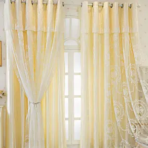 1pc Cream Yellow Lace Fabric-Sheer 2-in-1 Curtains! Embroidery + semi-blackout (Grommet), soft light—romantic living room/bedroom decor, Home Decoration Curtain