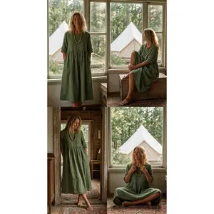 2026 Spring/Summer Round Neck 3/4 Sleeve Plus Size Casual Loose Long Solid Color Cotton Linen Dress