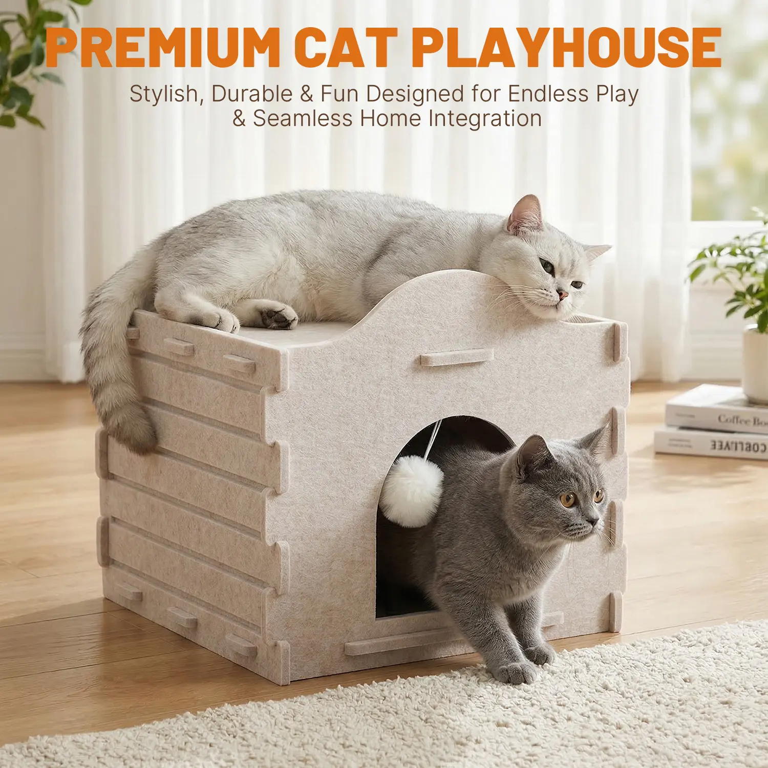 Contemporary Felt Fabric Cat House - Eco-Friendly Cute Box Design, Soft Breathable Playhouse with Pom-Pom Toy, Stress-Reducing Cave Bed Blending Seamlessly with Home Decor for Indoor Cats