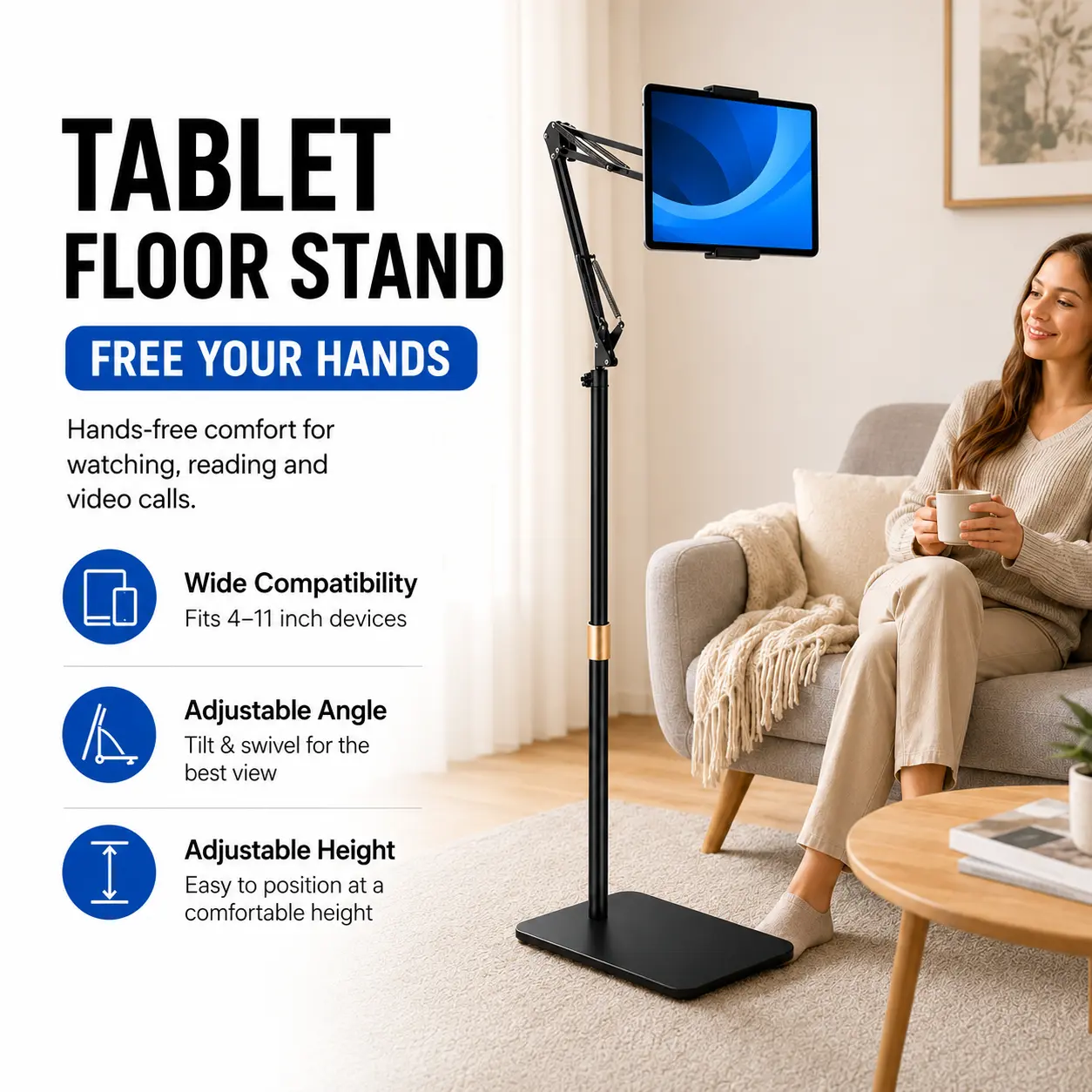 Tablet Floor Stand with Double Weight Base, Overhead Bed Phone Mount Height Adjustable Arm Stretchable Stand Holder, Suitable for 4.7''-11'' iPad Mini Air Pro, Galaxy Tab, Kindle, Switch, Cell Phones