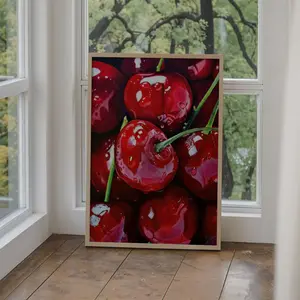 Frameless Cherry Canvas Art Print, Vibrant Cherry Wall Decor, Water Drop Design, Perfect for Home Kitchen Living Room Bathroom Office Cafe