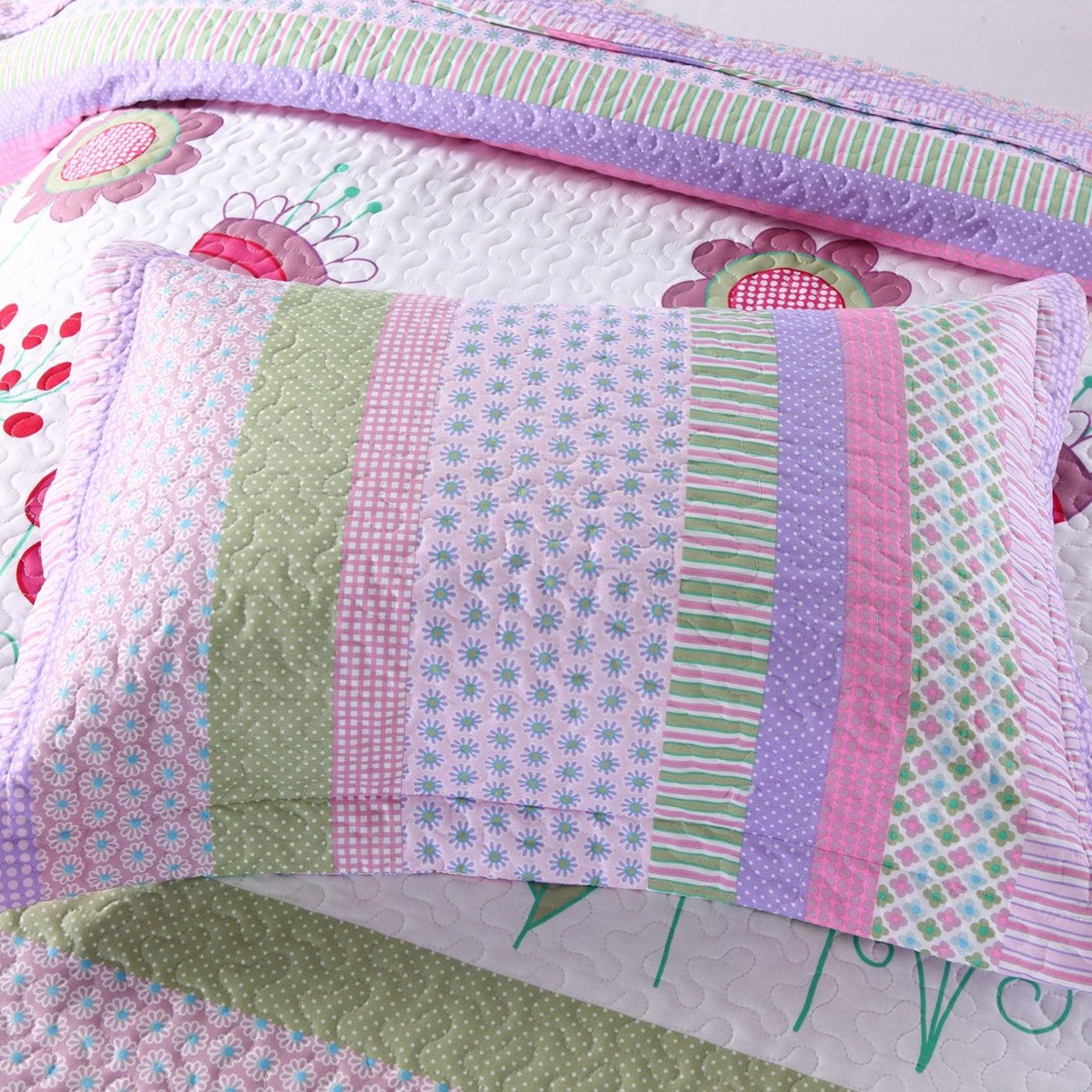 2/3 Piece ute Girls Floral Ladybug Quilt Set, Pink Purple Striped Patchwork Quilted Bedspread with Pillowcases, Soft Breathable Bedding, Kids Bedroom Decor