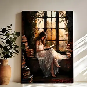 Vintage Victorian Era Woman Reading, Dark Academia Style Library Wall Art Print, High-Definition Canvas Decorative Painting 11.8* 15.7inch (30* 40cm ) with Wooden Framing -- Modern Home Decor, Can Be Directly Hung in Living Room, Bedroom