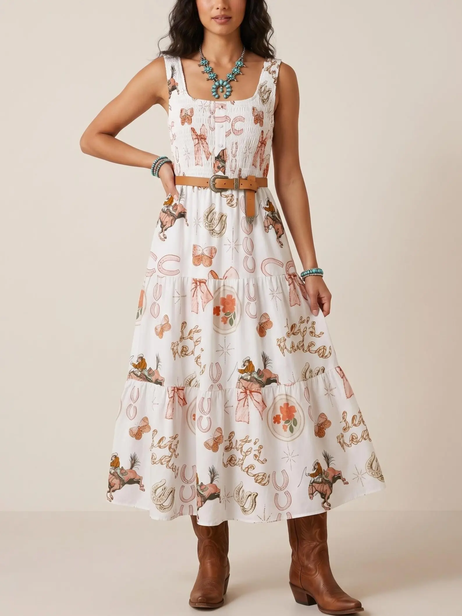 Women's White Western Horseshoe Print Midi Dress Sleeveless U Neck Shirred Bodice Tiered A Line Summer Dress Soft Cotton Viscose Blend Lightweight Flowy Casual Dress for Country Music Concerts Beach Vacation Garden Party and Daily Wear