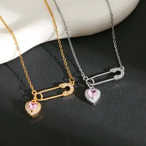 Minimalist Zircon Safety Pin Heart Necklace for Women - Trendy Ins-Inspired Dainty Pendant, Unique Aesthetic Titanium Steel Choker, Everyday Fashion Jewelry