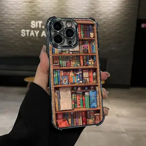 XDKEJI Cartoon Bookshelf Pattern Four-Corner Drop-Proof TPU Phone Case for iPhone 17 Air 16 15 14 Pro Max 13 12 11 Plus Shockproof Full Camera Protection Durable Slim Silicone Case Mobile Phone Cover