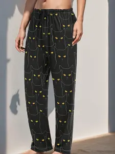 Men's Cat Print Lounge Pants, Casual Comfy Elastic Waist Trousers for Spring & Summer, Men's Sleepwear & Loungewear for Indoor Wear, Sleepwear Pajamas