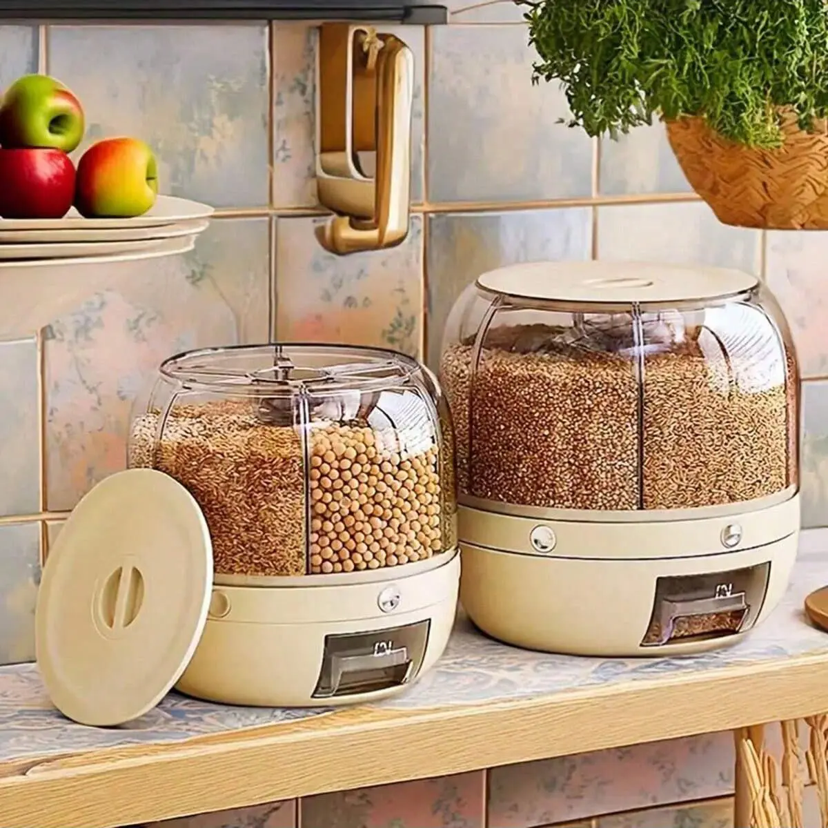 Multi-purpose rotary rice dispensers, storage containers, Airtight canisters, Airtight Reusable Containers - Large capacity, sealed against moisture and insects, ideal for rice, grain, flour - Durable plastic with measuring marks, easy to wash by hand