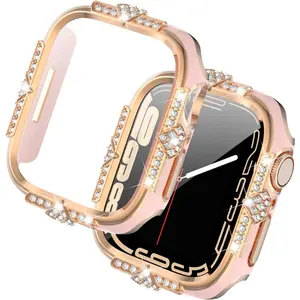 40mm Compatible with Apple Watch Case SE/Series 7/6/5/4 Rhinestones with Built-in Glass Screen Protector 40/44/41/45mm Bumper Diamond iWatch Protective Cover for Women Girl (Pink/Rose Gold)