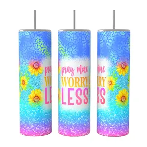 Pray More Worry Less 20oz skinny Tumbler Drinkware Insulated Lid Coffee Portable